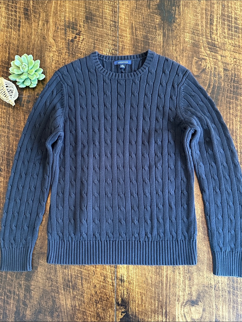 Lands’End | Drifter Classic Cable Crewneck Sweater Faded Black/Navy Blue, Size M